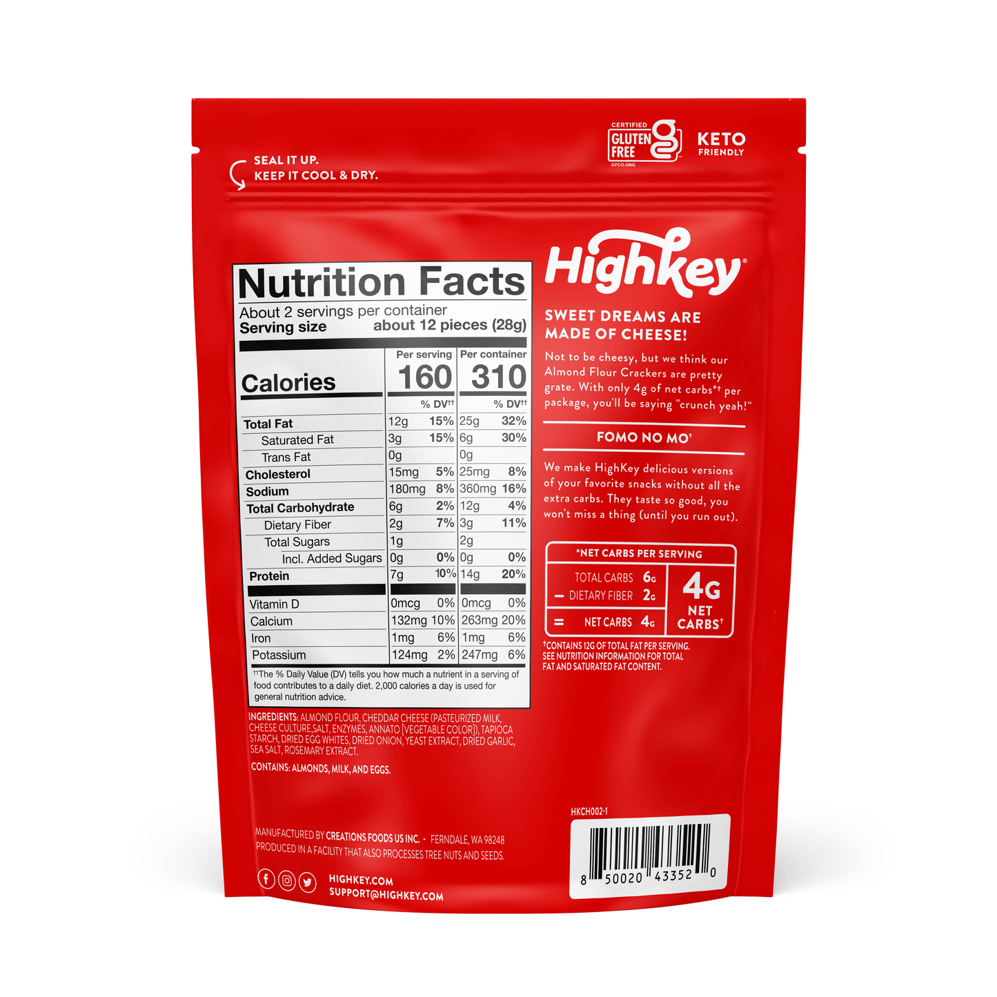 Almond Flour Crackers: Cheddar (6 Pack - 2 oz Bags)