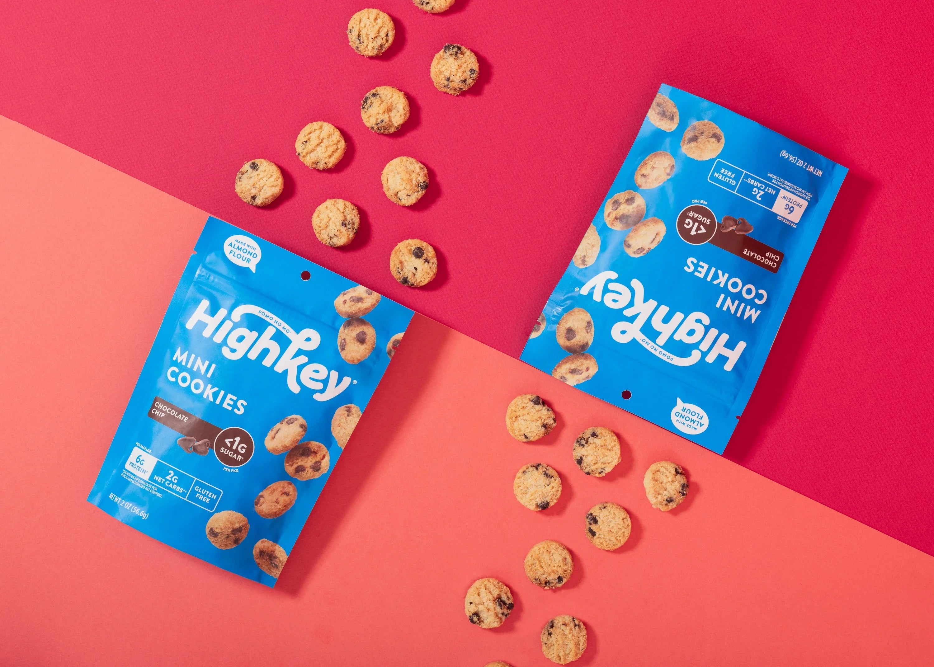 highkey gluten free low sugar chocolate chip cookies on a red background
