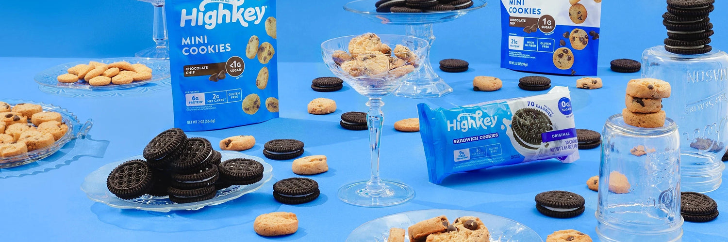 Highkey Gluten free low sugar cookies assortment on blue background